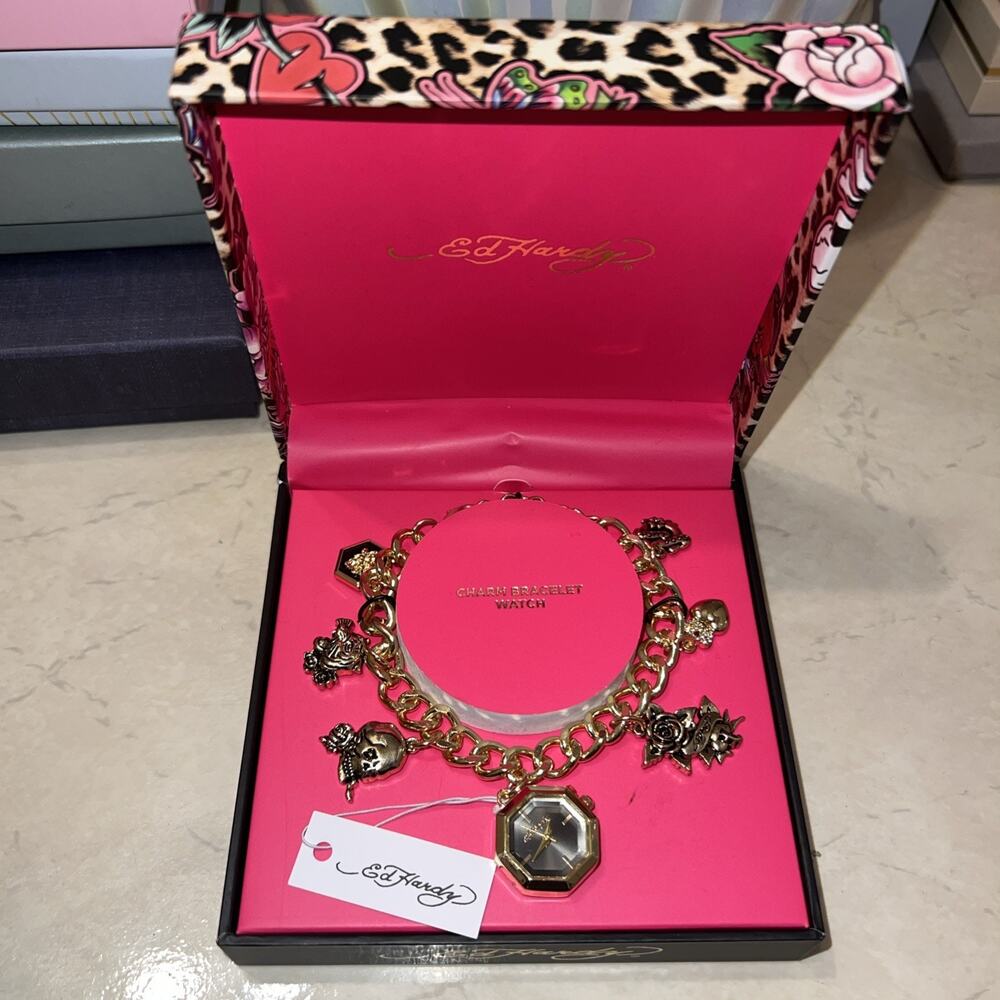 Ed Hardy Charm Bracelet Watch Gold Tone Skull Rose Heart NWT $75 Retail